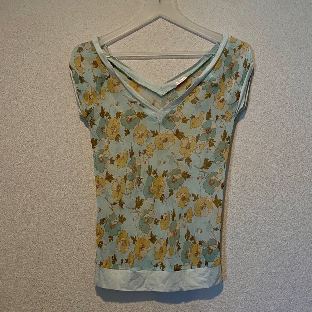 Vintage Y2K Sheer Floral Jersey Knit Top Boho‎ Cottagecore Small